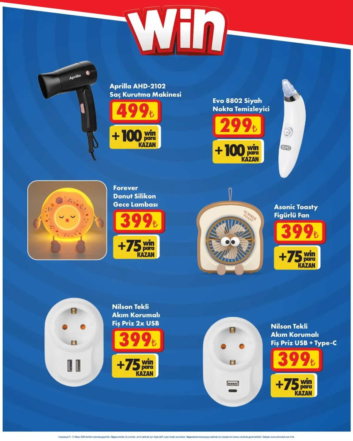 ŞOK Şok 1 Mayıs 2026 Aktüel Kataloğu sayfa 3: Asonic Toasty Figürlü Fan, Nilson Tekli Akım Korumalı Fiş Priz Usb + Type-C
