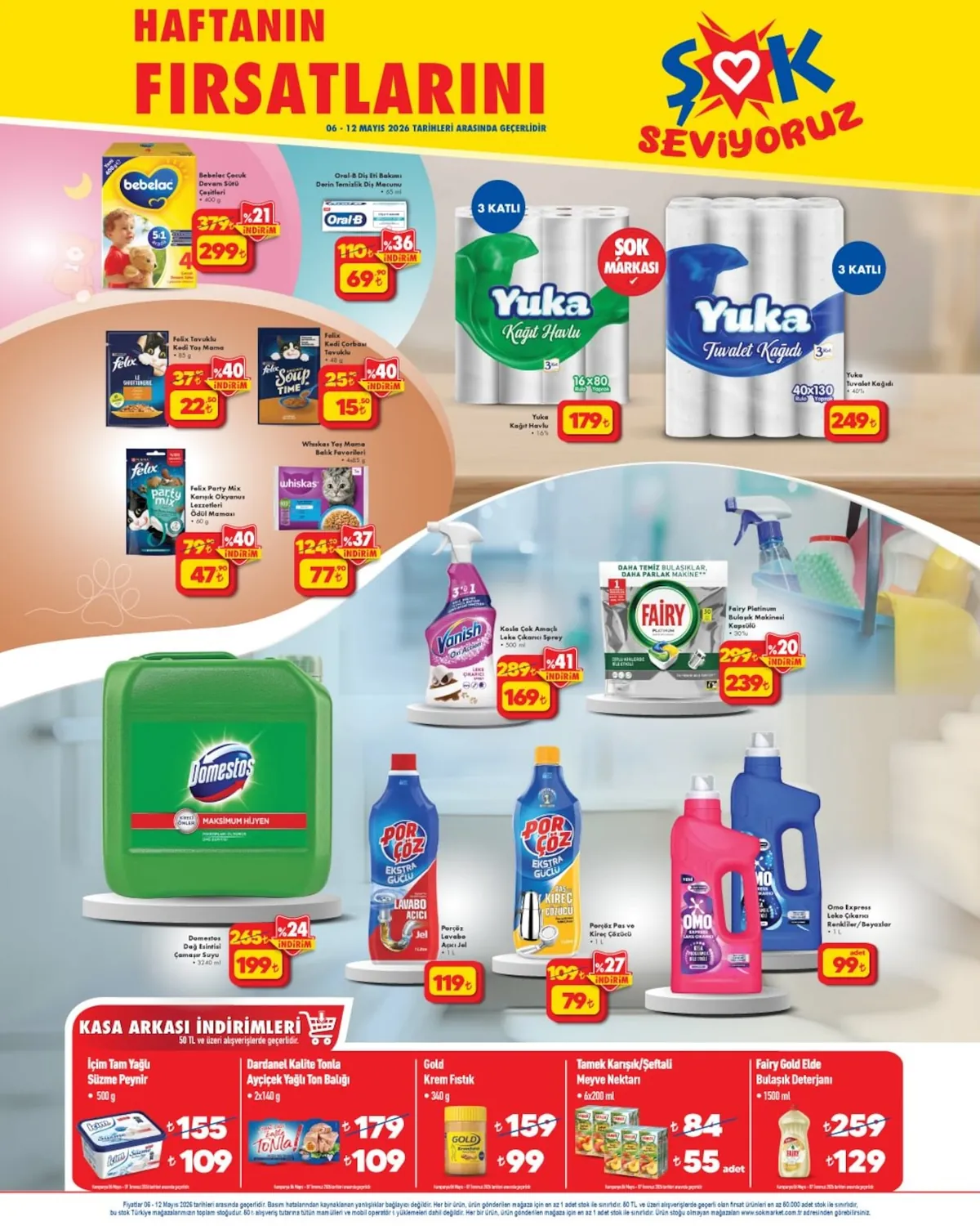 ŞOK Şok 6 Mayıs 2026 Aktüel Kataloğu sayfa 3: Domestos Dağ Esintisi Çamaşır Suyu 3240 Ml, Porçöz Lavabo Açıcı Jel 1 Litre