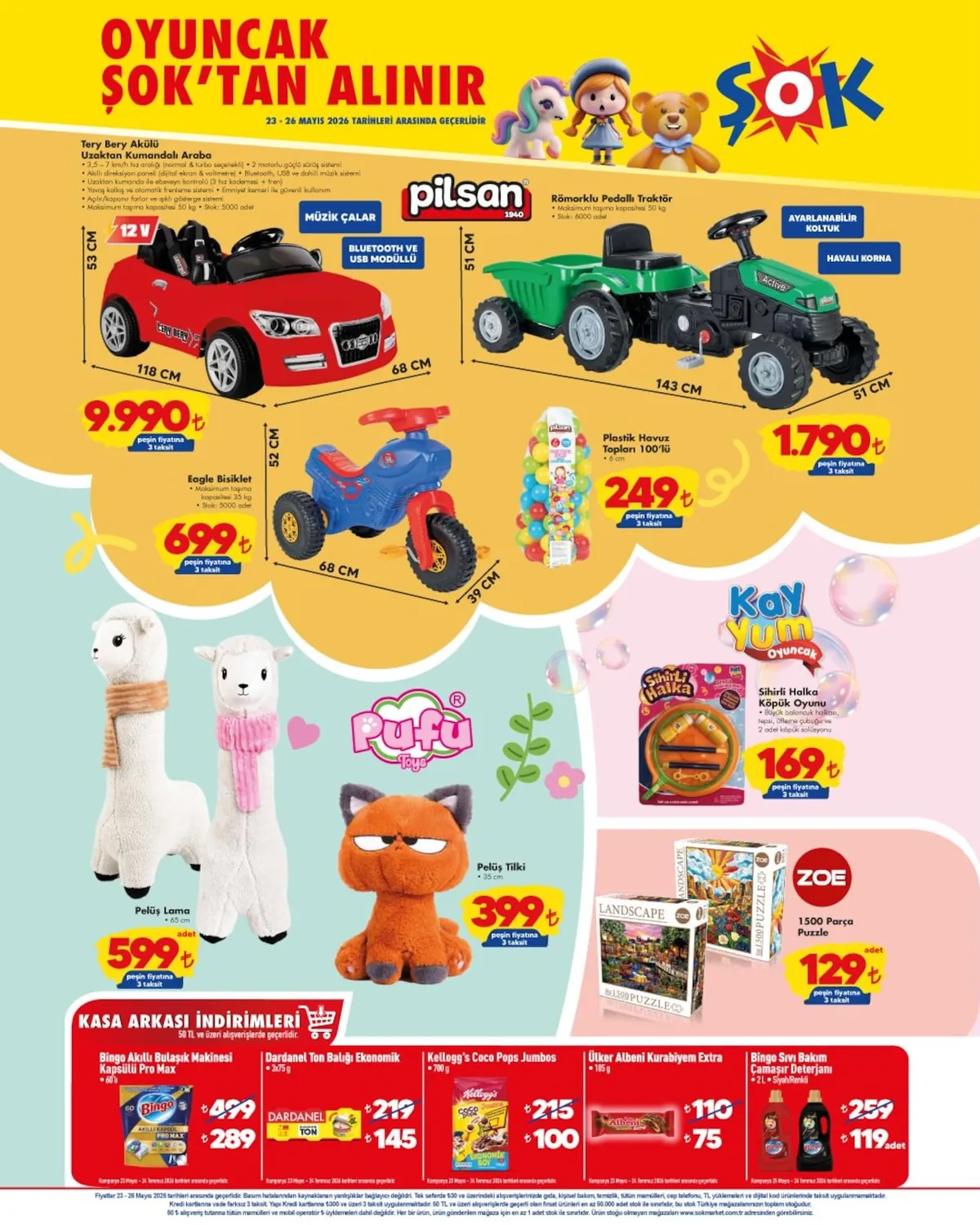 ŞOK Şok 23 Mayıs 2026 Aktüel Kataloğu sayfa 1: Pilsan Plastik Havuz Topları 100'Lü 6Cm, Bingo Akıllı Kapsül Pro Max 60'Lı