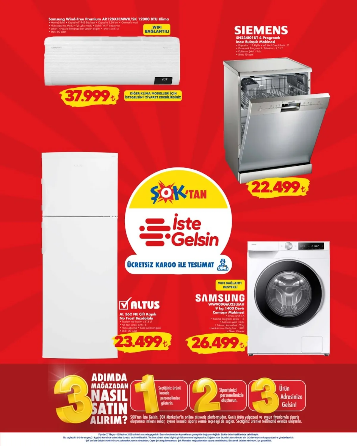 ŞOK Şok 27 Mayıs 2026 Aktüel Kataloğu sayfa 5: Samsung Ww90Dg6U25Leah 9 Kg 1400 Devir Çamaşır Makinesi, Samsung Wind-Free Premium Ar12Bxfcmwk/Sk 12000 Btu Klima