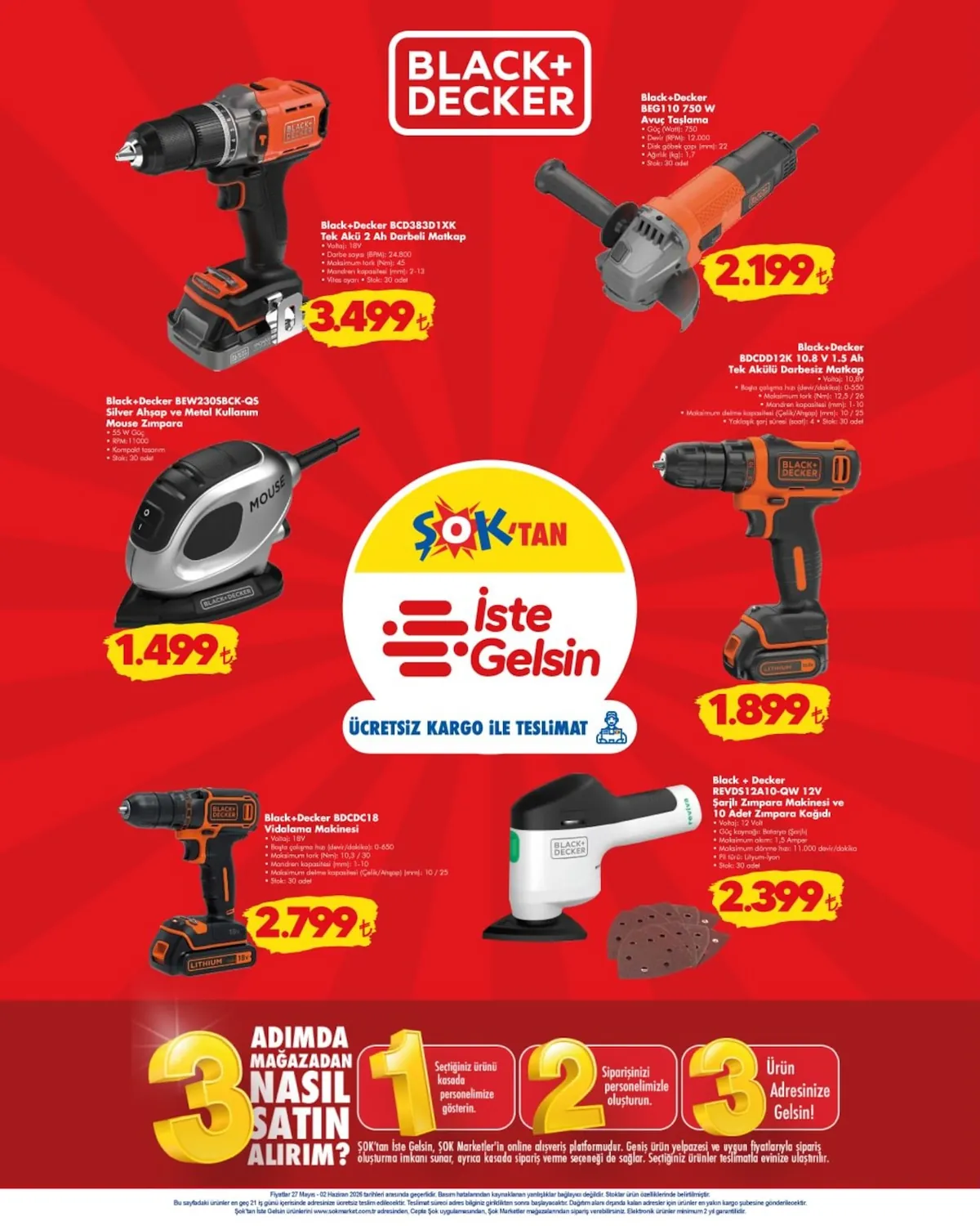 ŞOK Şok 27 Mayıs 2026 Aktüel Kataloğu sayfa 6: Black+Decker Bew2305Bck-Qs Silver Ahşap Ve Metal Kullanım Mouse Zımpara, Black+Decker Bcd383D1Xk Tek Akü 2 Ah Darbeli Matkap