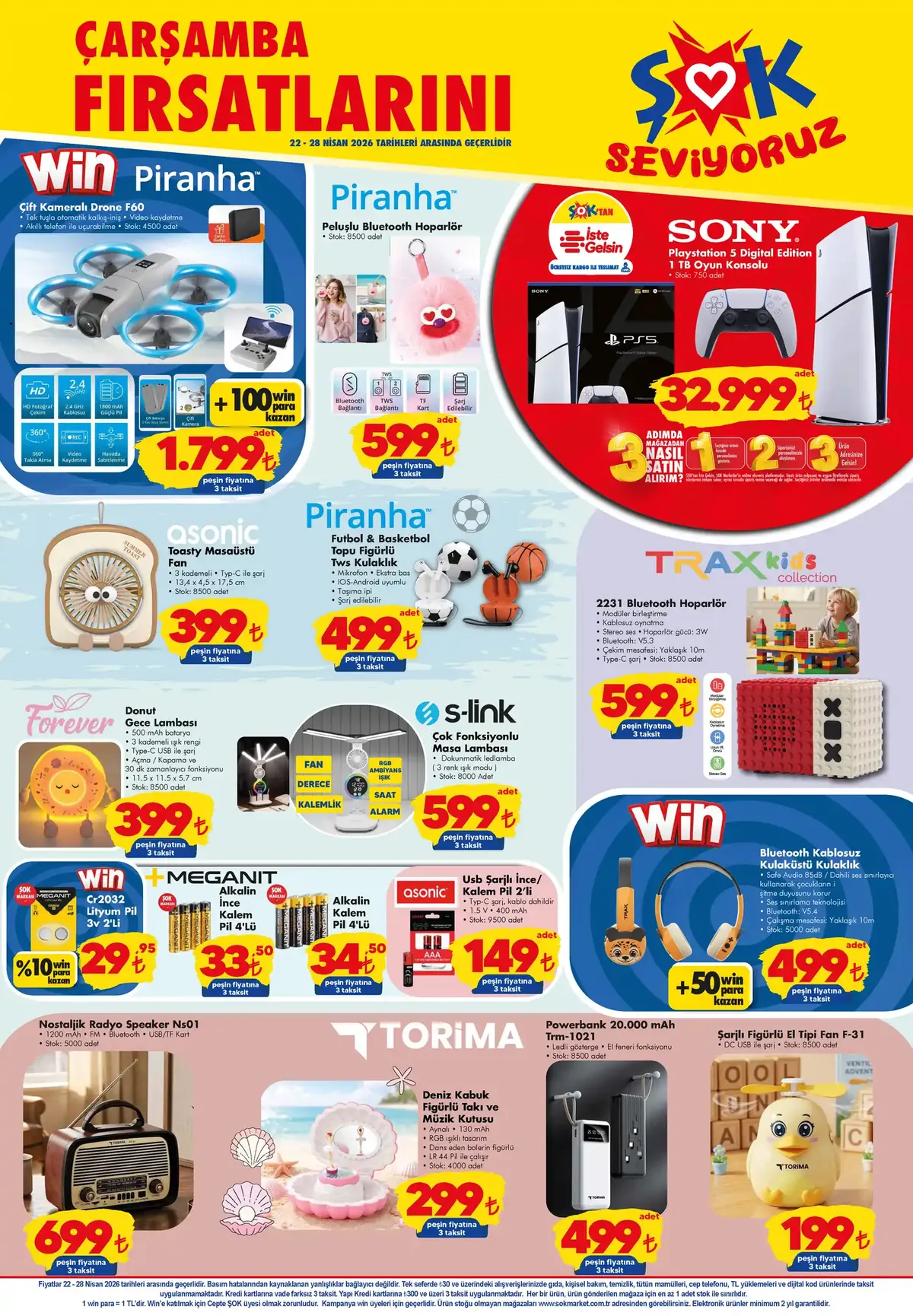 Şok ŞOK 22 Nisan 2026 Aktüel Ürünler Kataloğu sayfa 1: Piranha Futbol & Basketbol Topu Figürlü Tws Kulaklık, Trax Kids Collection Bluetooth Hoparlör 2231