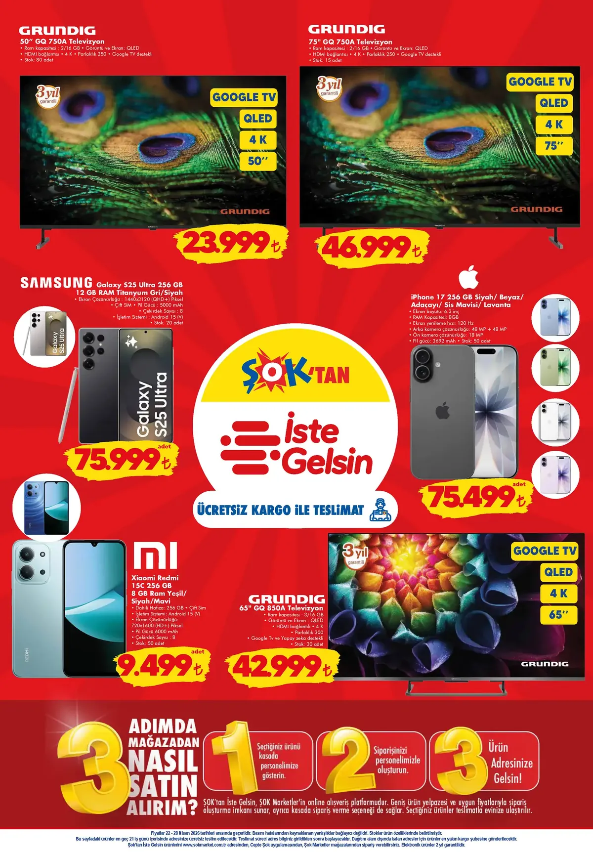 ŞOK ŞOK 22 Nisan 2026 Aktüel Ürünler Kataloğu sayfa 8: Iphone 12 256 Gb Siyah/Beyaz/Açacayi/Sis Mavisi/Lavanta, Grundig 75 Inc Google Tv Qled 4K