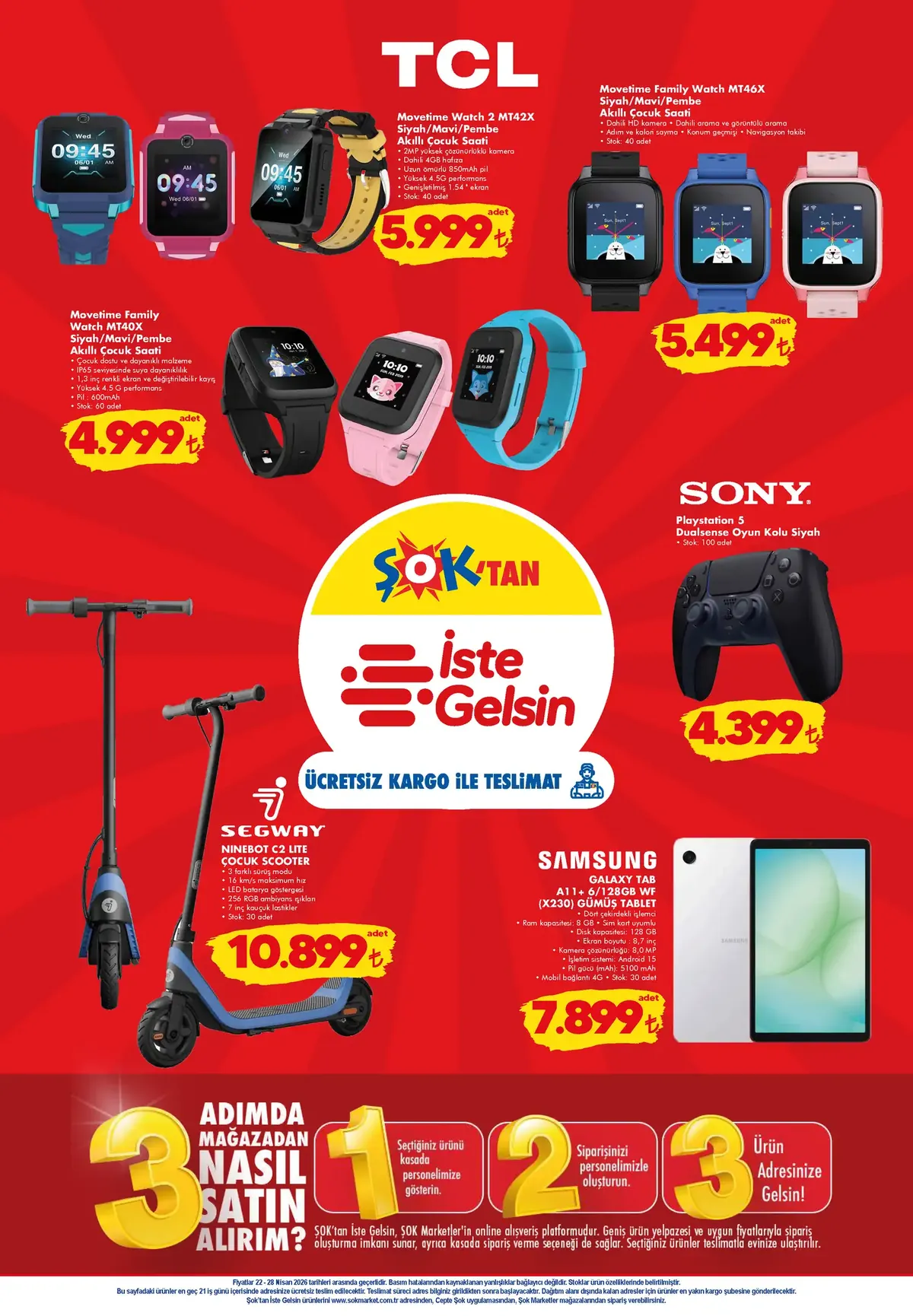 Şok ŞOK 22 Nisan 2026 Aktüel Ürünler Kataloğu sayfa 9: Samsung Galaxy A11+ 6/128Gb Gümüş Tablet, Sony Playstation 5 Dualsense Oyun Kolu Siyah