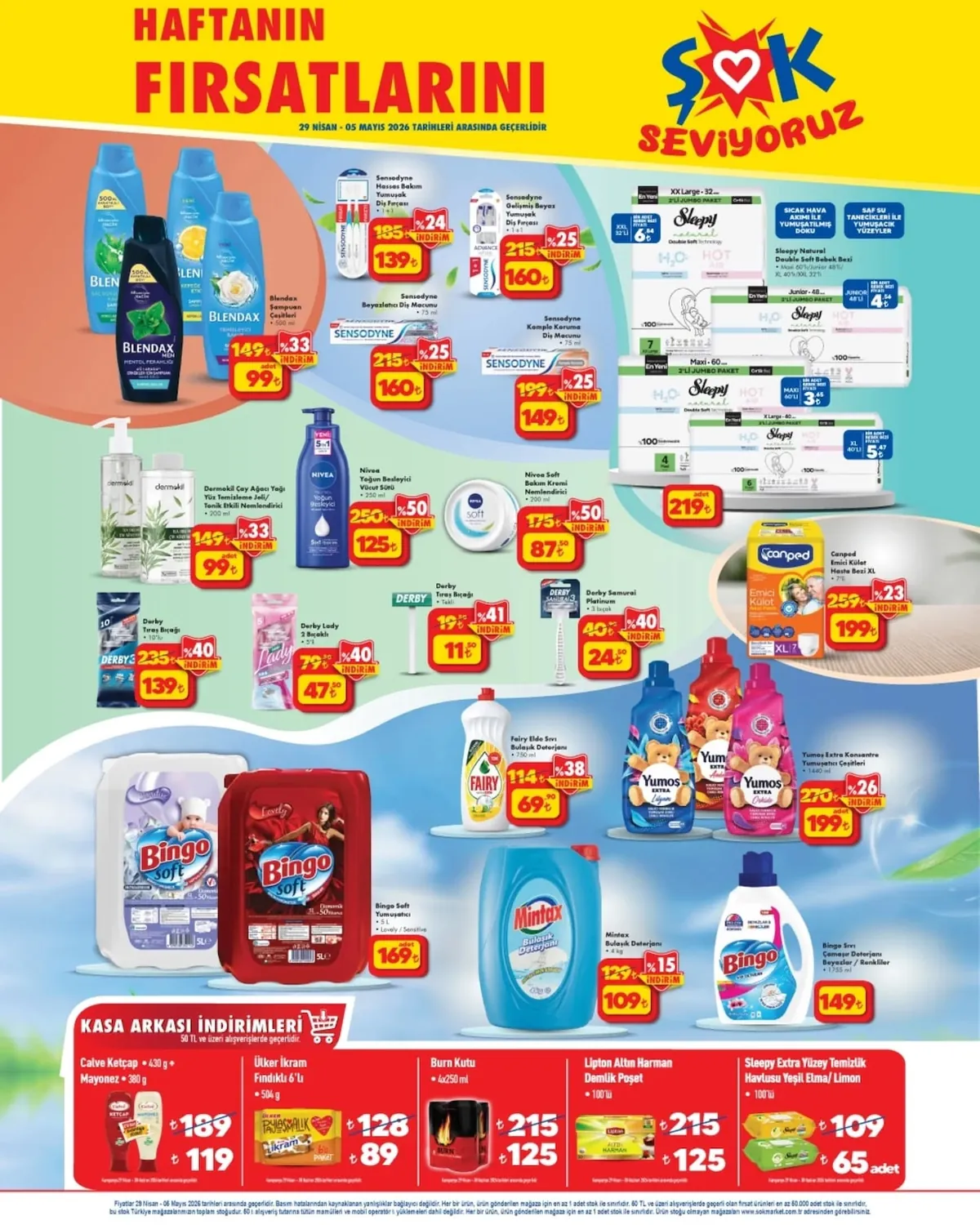 ŞOK Şok 29 Nisan 2026 Aktüel Kataloğu sayfa 2: Fairy Elde Sıvı Bulaşık Deterjanı 750 Ml, Mintax Bulaşık Deterjanı 4 Kg
