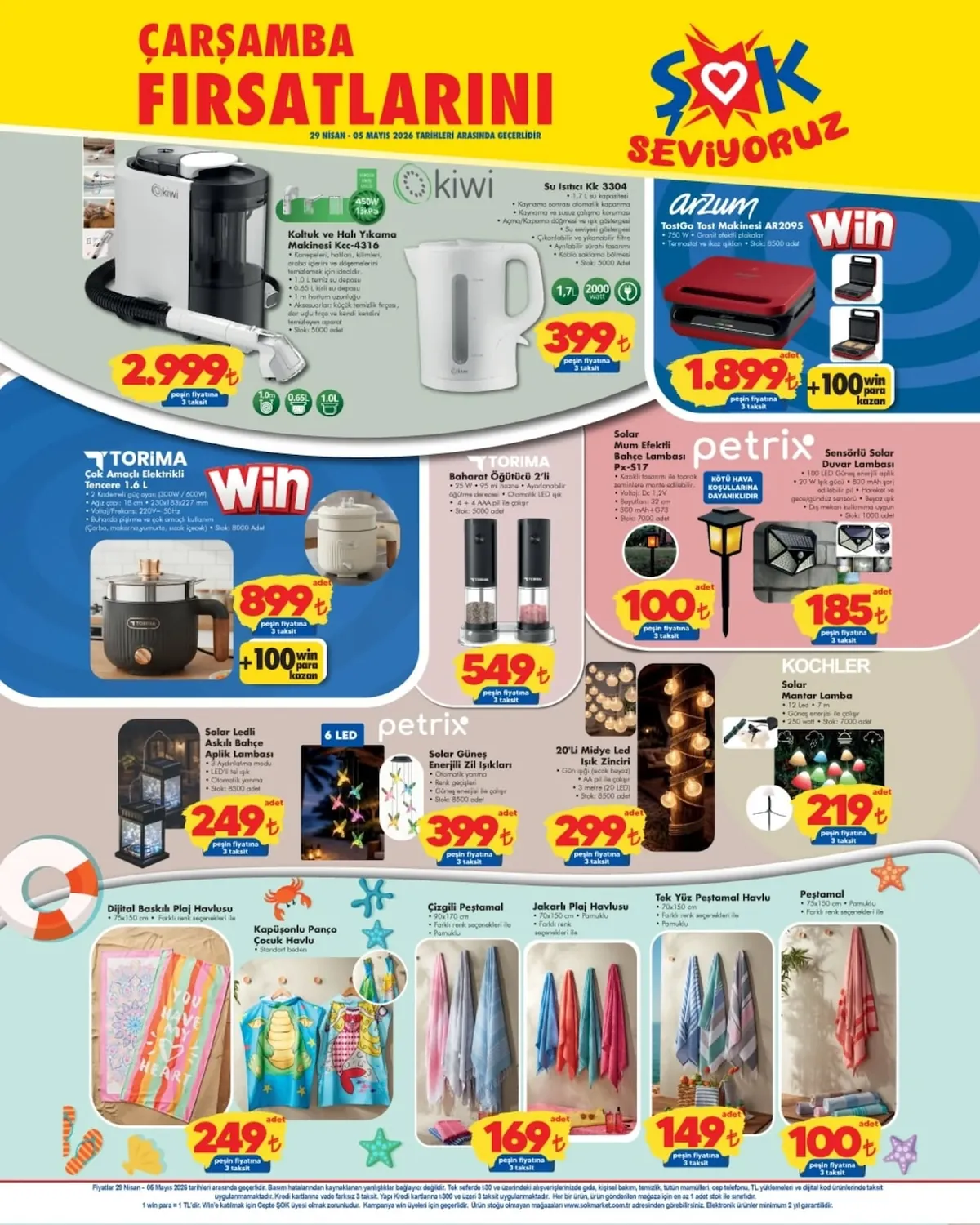 ŞOK Şok 29 Nisan 2026 Aktüel Kataloğu sayfa 3: Petrix Solar Güneş Enerjili Zil Işıkları 6 Led, 20'Li Midye Led Işık Zinciri