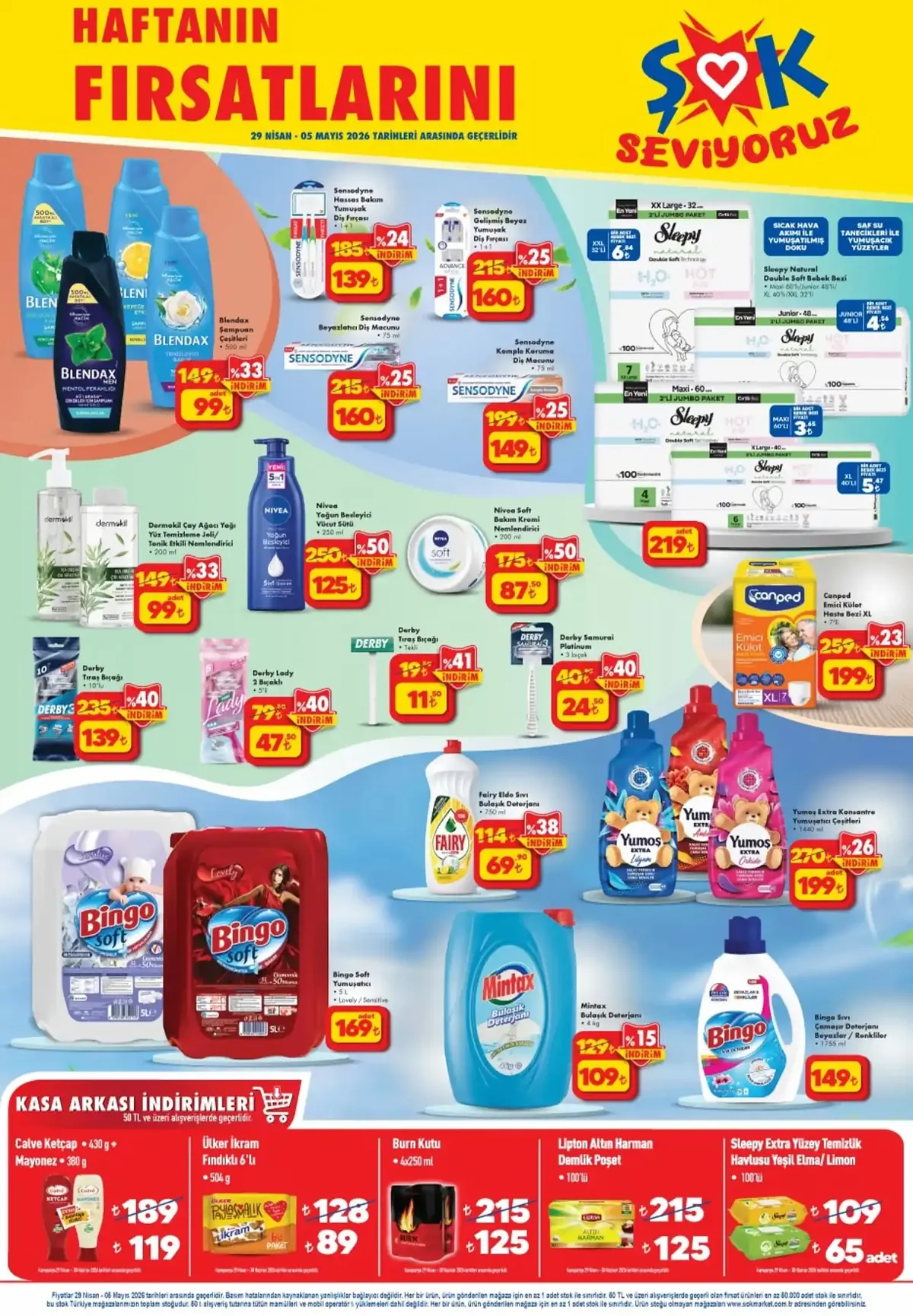 ŞOK ŞOK 29 Nisan 2026 Aktüel Ürünler Kataloğu sayfa 5: Bingo Sıvı Çamaşır Deterjanı Beyazlar / Renkliler 1.75 L, Mintax Bulaşık Deterjanı 4 Kg