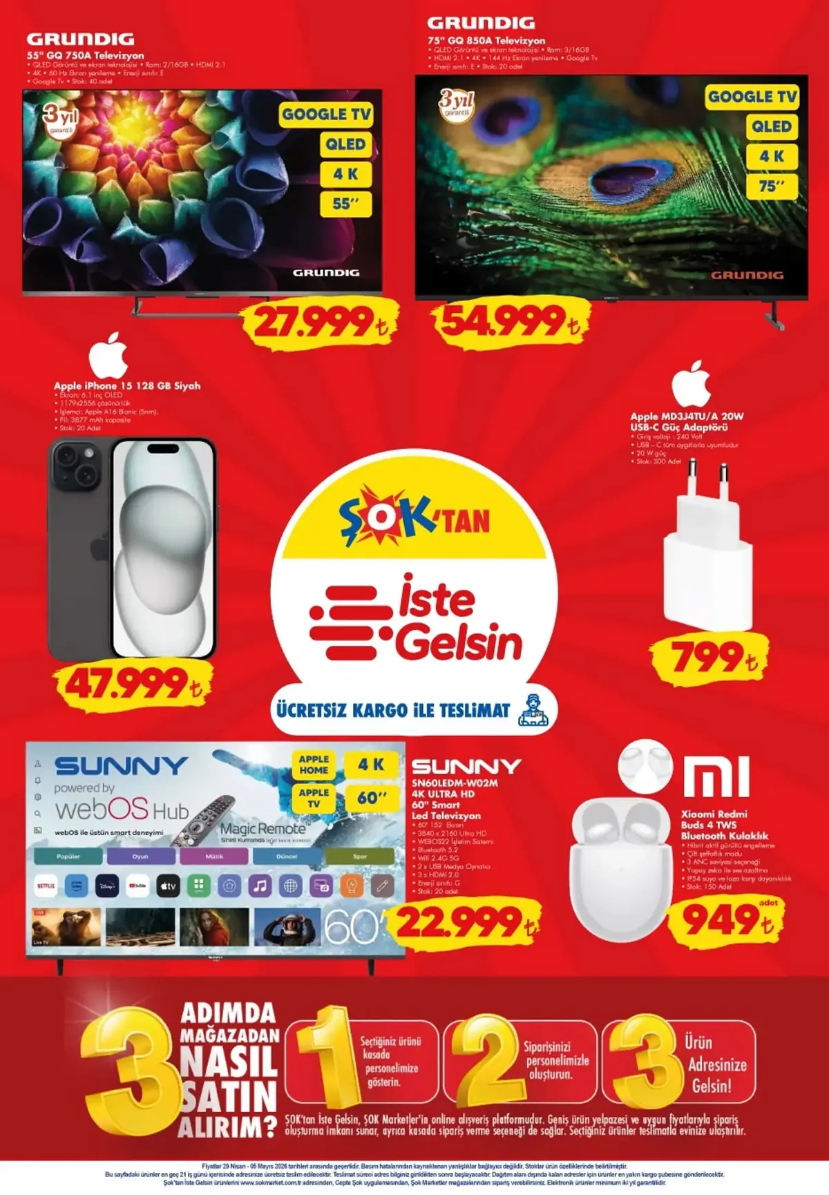 ŞOK ŞOK 29 Nisan 2026 Aktüel Ürünler Kataloğu sayfa 7: Grundig 75" Qled 4K Google Tv, Xiaomi Redmi Buds 4 Tws Bluetooth Kulaklık