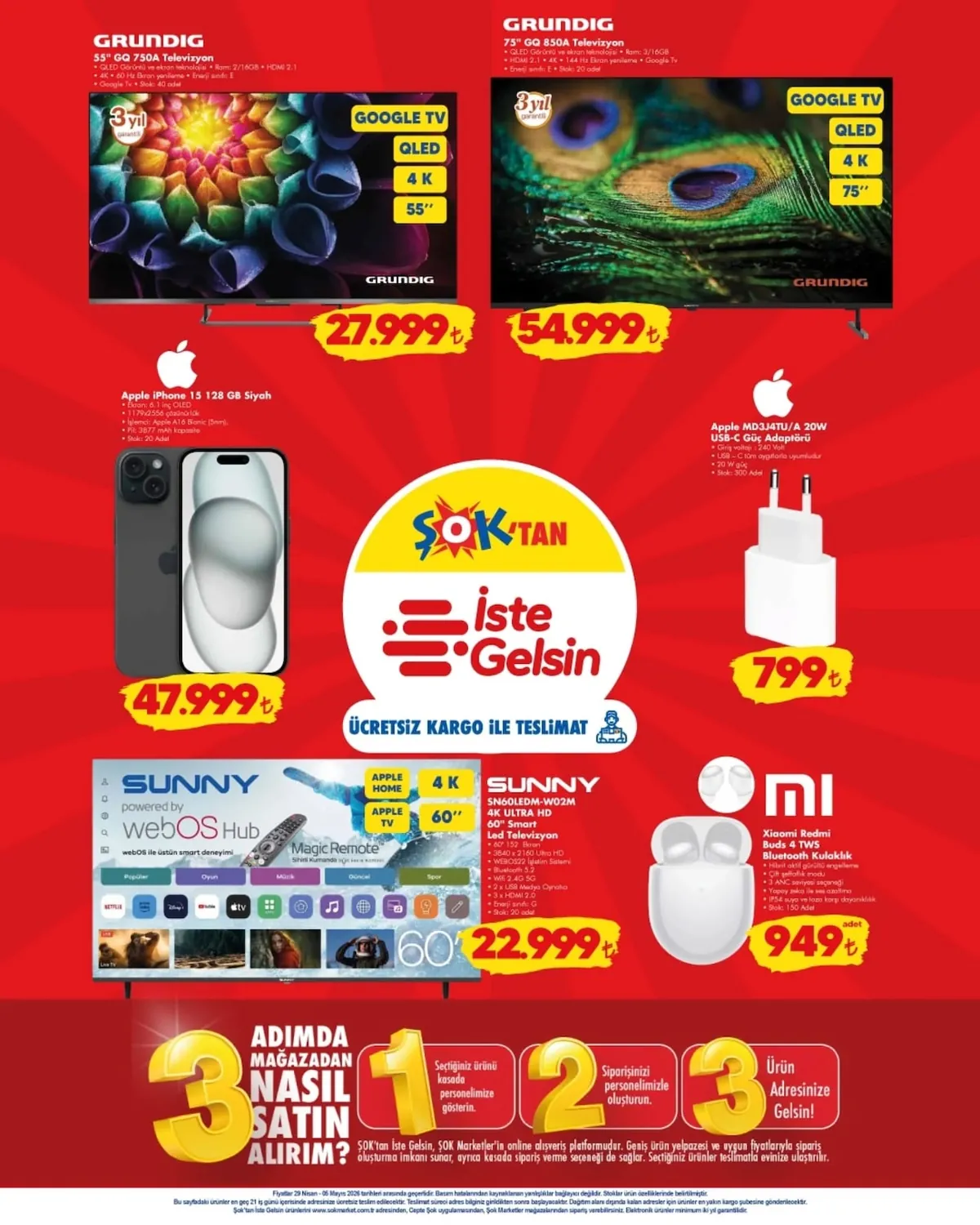 ŞOK ŞOK 29 Nisan 2026 Aktüel Ürünler Kataloğu sayfa 7: Grundig 75" Qled 4K Google Tv, Xiaomi Redmi Buds 4 Tws Bluetooth Kulaklık
