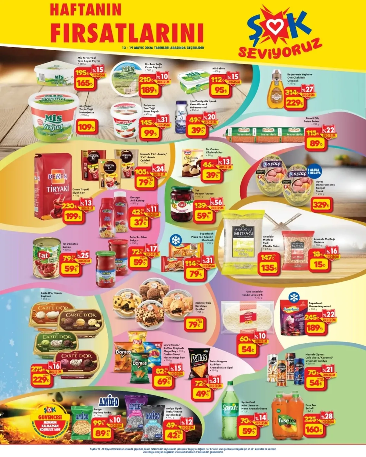 ŞOK Şok 13 Mayıs 2026 Aktüel Kataloğu sayfa 1: Mis Yarim Yağlı Taze Beyaz Peynir 650G, Superfresh Orman Meyveleri 300G