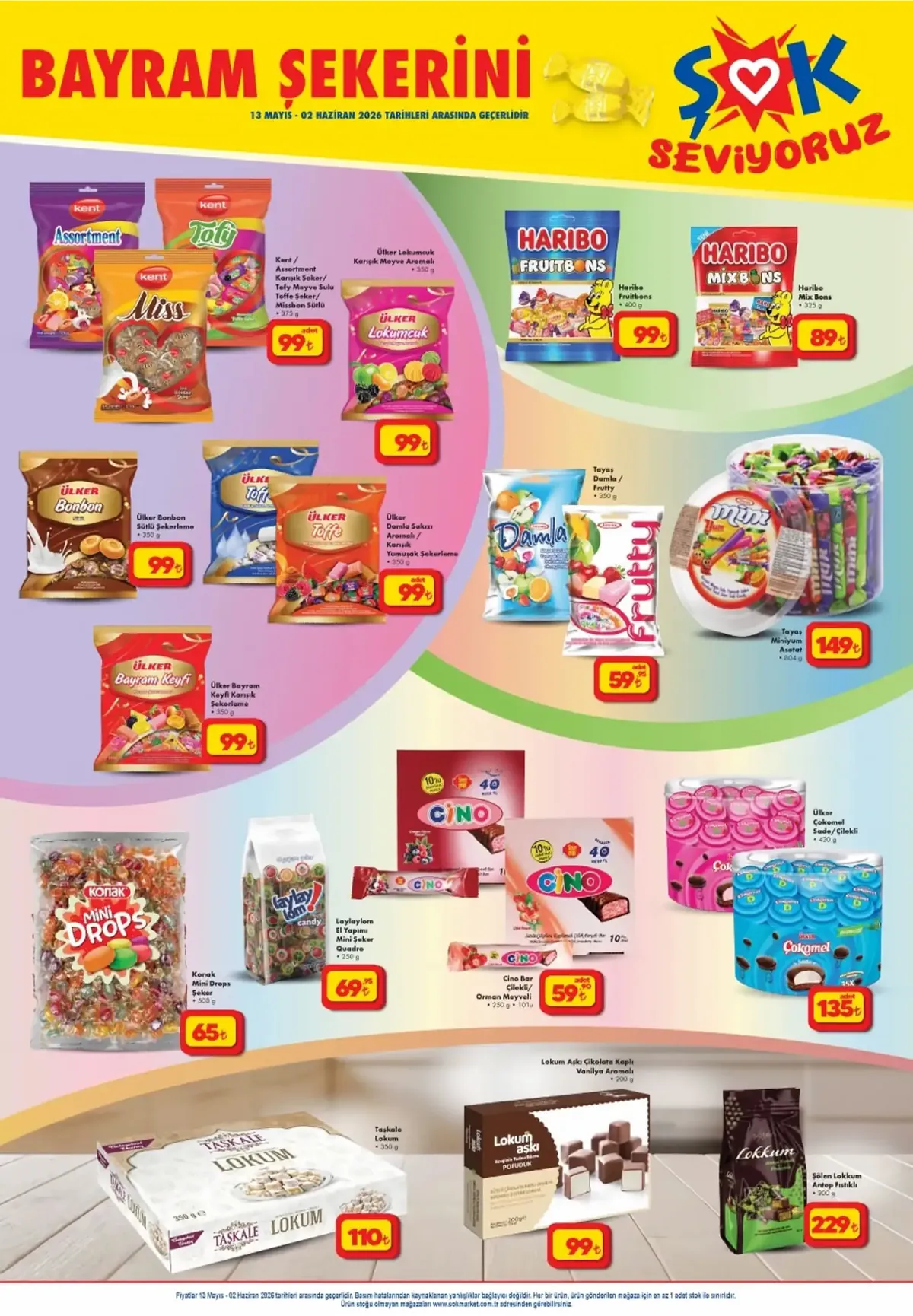 ŞOK ŞOK 13 Mayıs 2026 Aktüel Ürünler Kataloğu sayfa 7: Konak Mini Drops Şeker 500G, Ülker Çökomel Sade/Çilekli 420G