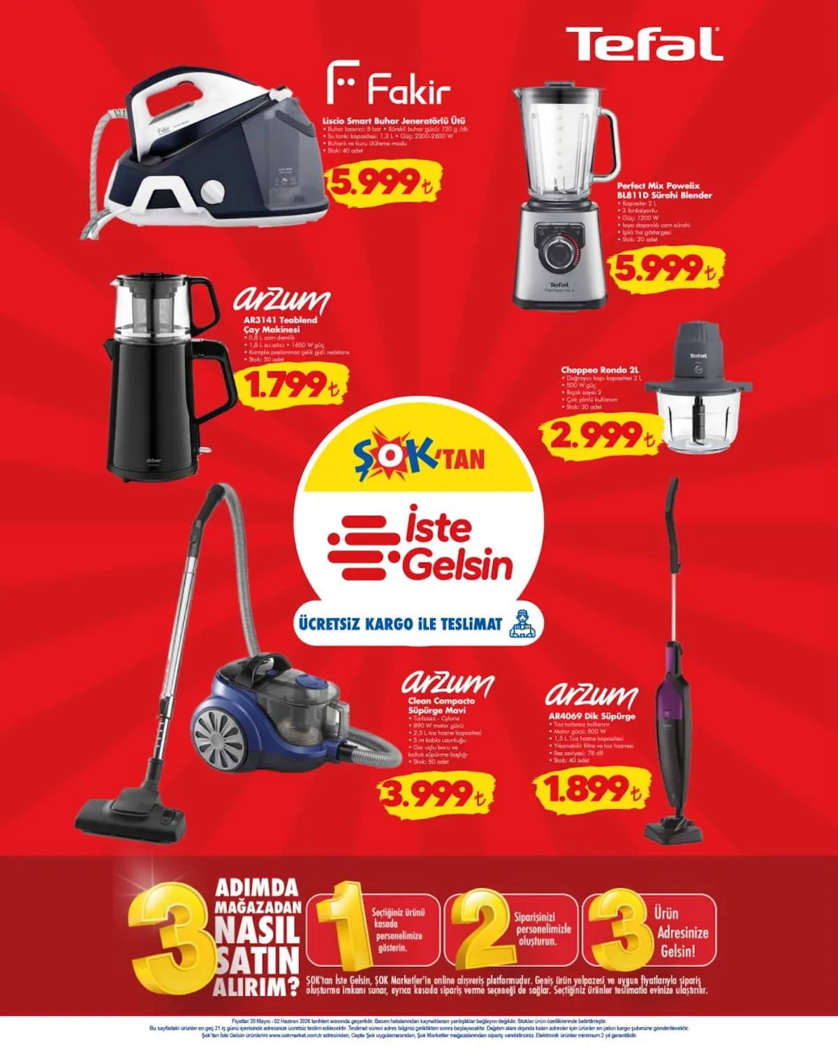 ŞOK Şok 20 Mayıs 2026 Aktüel Kataloğu sayfa 7: Tefal Choppeo Rondo 2L, Arzum Ar3141 Teablend Çay Makinesi