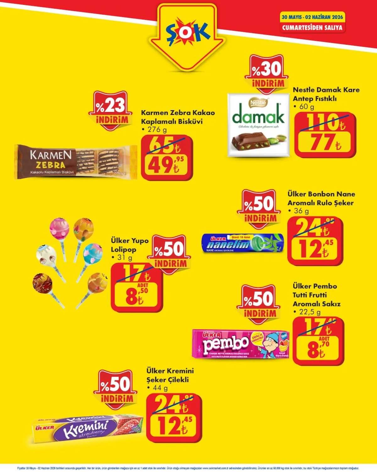 ŞOK Şok 30 Mayıs 2026 Aktüel Kataloğu sayfa 1: Ülker Bonbon Nane Aromalı Rulo Şeker 36G, Ülker Pembo Tutti Frutti Aromalı Sakız 22.5G