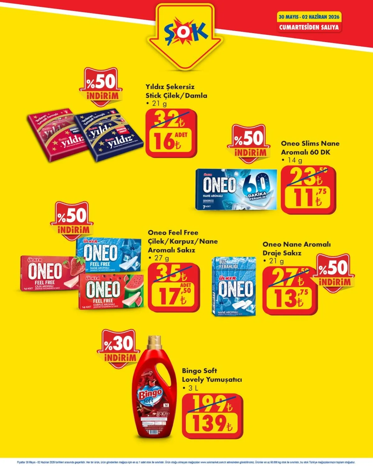 ŞOK Şok 30 Mayıs 2026 Aktüel Kataloğu sayfa 2: Bingo Soft Lovely Yumuşatici 3 L, Yıldız Şekersiz Stick Çilek/Damla 21 G
