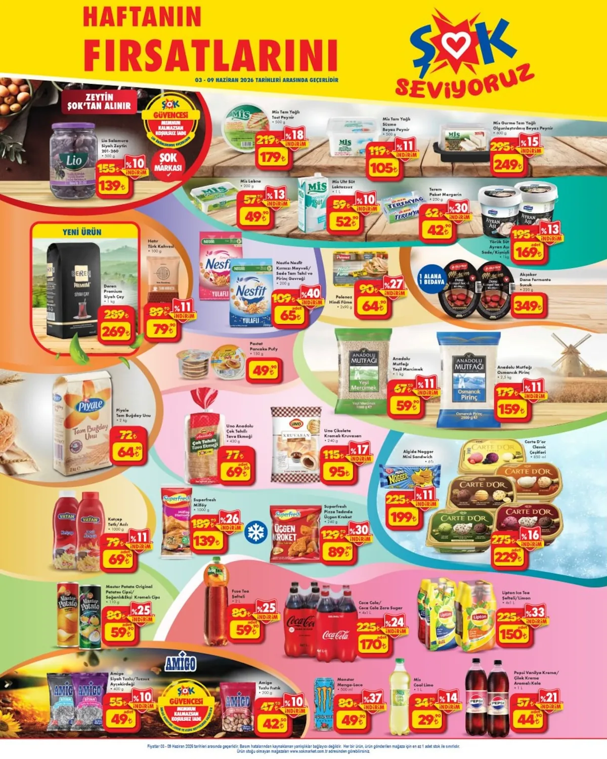 ŞOK Şok 3 Haziran 2026 Aktüel Kataloğu sayfa 1: Pepsi Vanilya Kremalı/Çilek Kremalı Aromalı Kola 2X1 L, Coca Cola/Coca Cola Zero Sugar 4X1 L